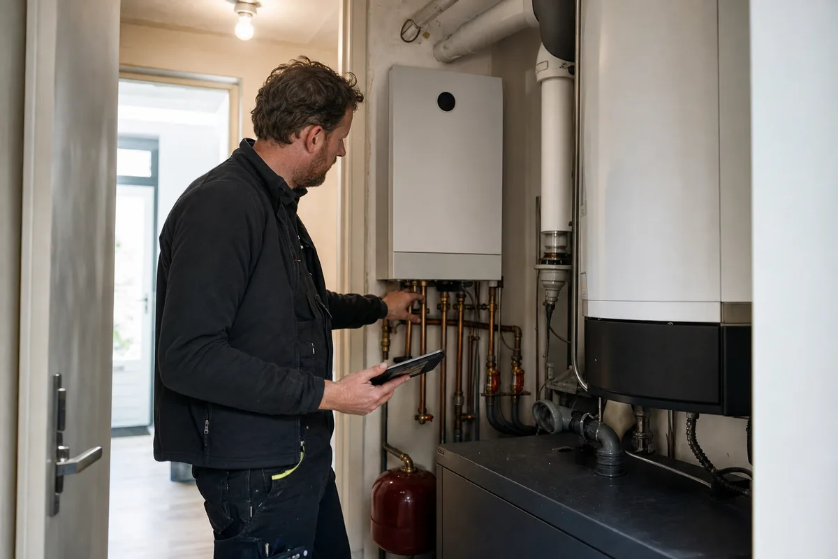 Installateur controleert een hybride warmtepomp in een Nederlandse woning