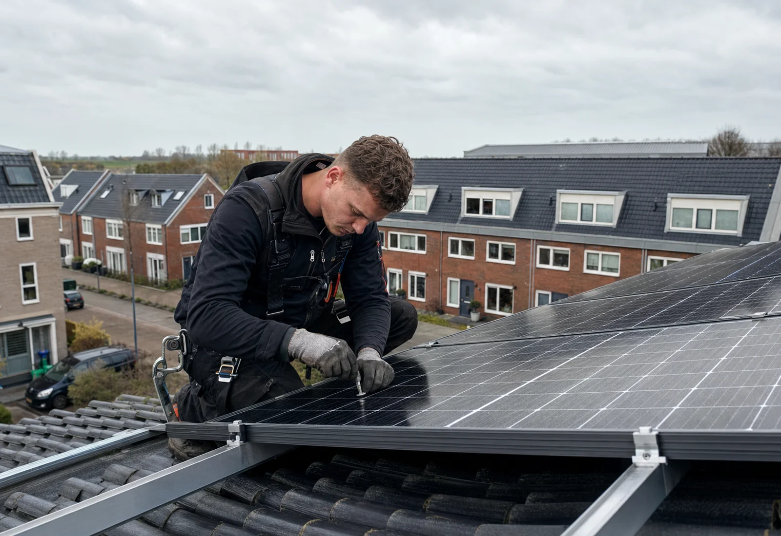 Installateur monteert zonnepanelen op een Nederlands dak